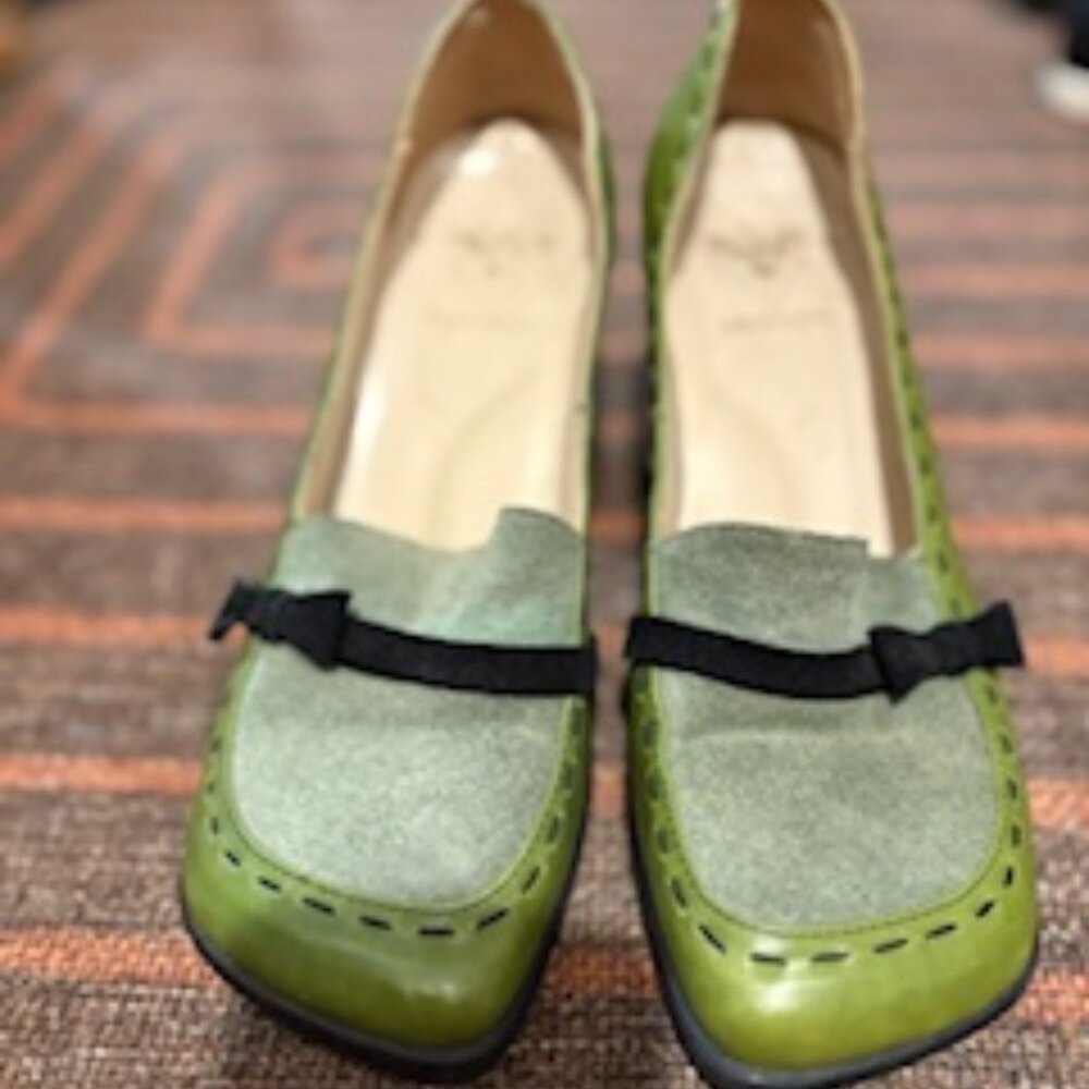 John Fluevog Olive Green Suede & Leather Loafers with Black Trim
